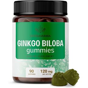HERBAMAMA Ginkgo Biloba Organic Gummies - Adult Brain Supplement - Brain Booster - Best Ginkgo Biloba Supplements for Energy & Memory - 90 Vegan, Gluten Free Chews - 120mg