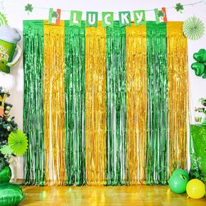 3 Pack St. Patrick's Day Foil Fringe Curtains St Patricks Day Party Decorations 3.3x6.6 ft Irish Green Gold Streamer Photo Booth Prop Backdrop Decor Indoor Outdoor Party Supplies for Birthday