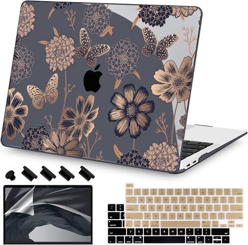 Teryeefi for M1 M2 MacBook Pro 13 inch Case 2022 2020-2016 Release (Model A2338 A2289 A2251 with Touch Bar), Plastic Hard Shell Case & Keyboard Cover & Screen Protector, Gold Flowers in Saudi Arabia