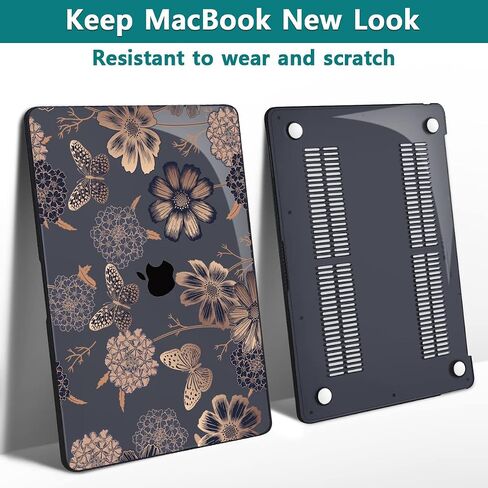 Teryeefi for M1 M2 MacBook Pro 13 inch Case 2022 2020-2016 Release (Model A2338 A2289 A2251 with Touch Bar), Plastic Hard Shell Case & Keyboard Cover & Screen Protector, Gold Flowers in Saudi Arabia