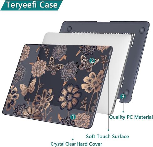 Teryeefi for M1 M2 MacBook Pro 13 inch Case 2022 2020-2016 Release (Model A2338 A2289 A2251 with Touch Bar), Plastic Hard Shell Case & Keyboard Cover & Screen Protector, Gold Flowers in Saudi Arabia
