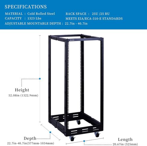 RackPath 25U Open Frame Server Rack – Heavy Duty 4 Post Adjustable Depth with Casters in Kuwait