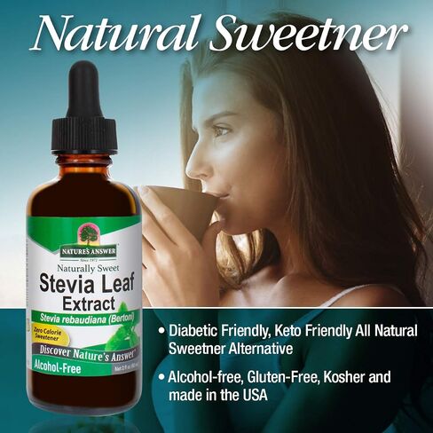 قطرات مستخلص سائل أوراق ستيفيا الخالية من الكحول من Nature's Answer، 2 أونصة سائلة من الغلوتين وقطرات ستيفيا موحدة خالية من الكحول | مُحلي طبيعي | مناسب لمرضى السكر | صديقة للكيتو in Saudi Arabia