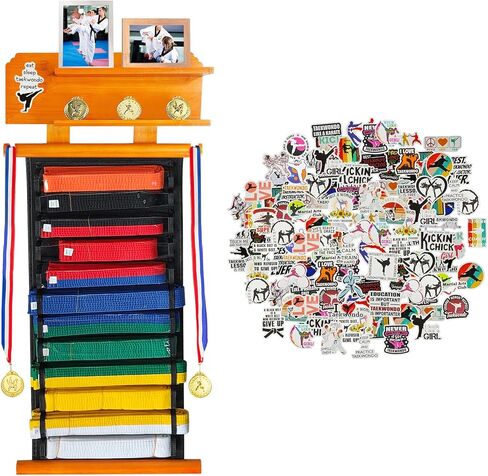 رف عرض حزام الكاراتيه 12 حزامًا من ELEGICKLIP مع رف عرض الكأس والميدالية بطبقتين، رف عرض حزام الفنون القتالية مع ملصقات، حامل عرض حزام التايكوندو للأطفال والكبار in Kuwait