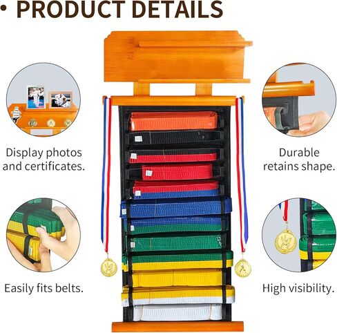 رف عرض حزام الكاراتيه 12 حزامًا من ELEGICKLIP مع رف عرض الكأس والميدالية بطبقتين، رف عرض حزام الفنون القتالية مع ملصقات، حامل عرض حزام التايكوندو للأطفال والكبار in Kuwait