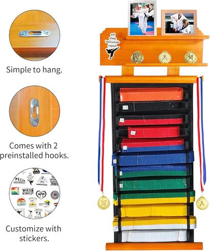 رف عرض حزام الكاراتيه 12 حزامًا من ELEGICKLIP مع رف عرض الكأس والميدالية بطبقتين، رف عرض حزام الفنون القتالية مع ملصقات، حامل عرض حزام التايكوندو للأطفال والكبار in Kuwait