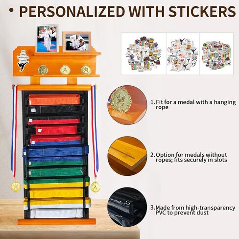 رف عرض حزام الكاراتيه 12 حزامًا من ELEGICKLIP مع رف عرض الكأس والميدالية بطبقتين، رف عرض حزام الفنون القتالية مع ملصقات، حامل عرض حزام التايكوندو للأطفال والكبار in Kuwait