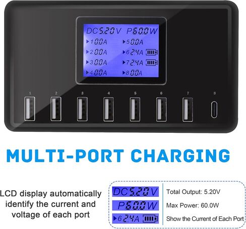 USB Charger, slitinto 60W 12A 8-Port USB Charging Station Multi Port USB Hub Charger Compact Size LCD Display Compatible with iPhone iPad Samsung Kindle Tablet Bluetooth Earbuds and More in Saudi Arabia