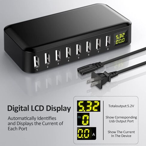 USB Charger, slitinto 60W 12A 8-Port USB Charging Station Multi Port USB Hub Charger Compact Size LCD Display Compatible with iPhone iPad Samsung Kindle Tablet Bluetooth Earbuds and More in Saudi Arabia