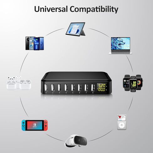 USB Charger, slitinto 60W 12A 8-Port USB Charging Station Multi Port USB Hub Charger Compact Size LCD Display Compatible with iPhone iPad Samsung Kindle Tablet Bluetooth Earbuds and More in Saudi Arabia
