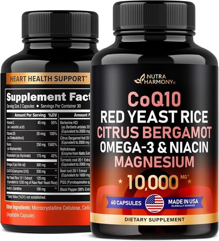 CoQ10 200 mg | Red Yeast Rice 1200 mg | Omega-3 | Niacin 500 mg | Magnesium | Citrus Bergamot Supplement - 15-in-1 Heart & Metabolism Support Complex - Energy & Antioxidant - Made in USA - 60 Capsules in Saudi Arabia