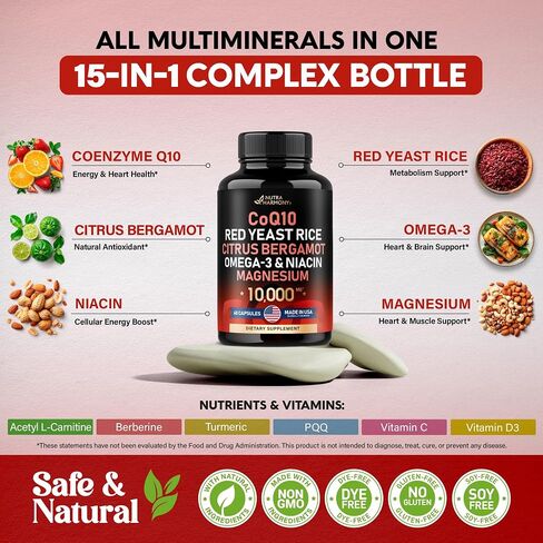 CoQ10 200 mg | Red Yeast Rice 1200 mg | Omega-3 | Niacin 500 mg | Magnesium | Citrus Bergamot Supplement - 15-in-1 Heart & Metabolism Support Complex - Energy & Antioxidant - Made in USA - 60 Capsules in Saudi Arabia