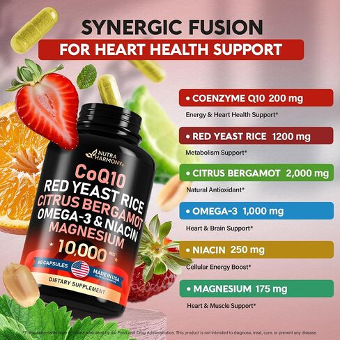 CoQ10 200 mg | Red Yeast Rice 1200 mg | Omega-3 | Niacin 500 mg | Magnesium | Citrus Bergamot Supplement - 15-in-1 Heart & Metabolism Support Complex - Energy & Antioxidant - Made in USA - 60 Capsules in Saudi Arabia