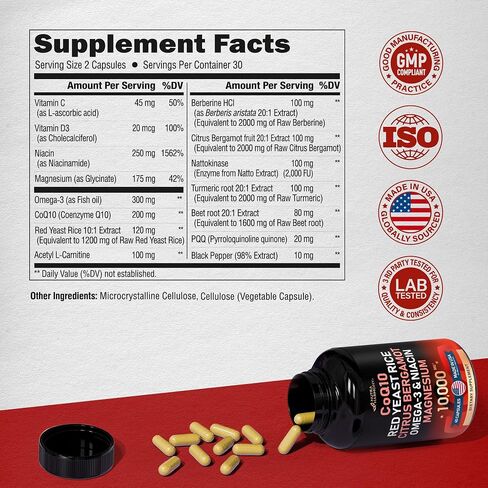 CoQ10 200 mg | Red Yeast Rice 1200 mg | Omega-3 | Niacin 500 mg | Magnesium | Citrus Bergamot Supplement - 15-in-1 Heart & Metabolism Support Complex - Energy & Antioxidant - Made in USA - 60 Capsules in Saudi Arabia