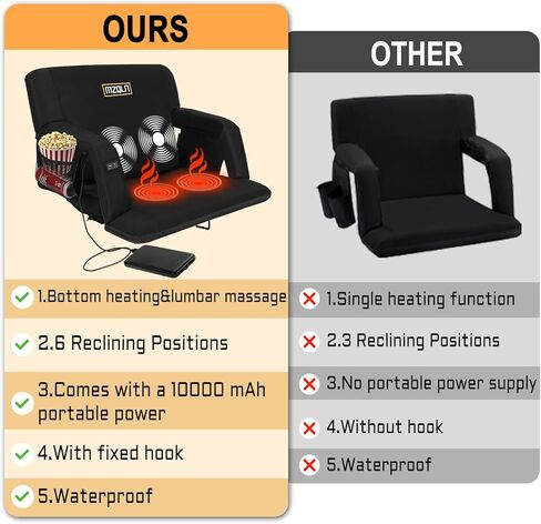 مجموعة مقاعد ملعب التدليك MZQLN المكونة من 2، كرسي تبييض قابل للطي مقاس 25 بوصة مع طاقة محمولة 10000 مللي أمبير في الساعة * 2، 3 مستويات من الحرارة والتدليك، 6 أوضاع مستلق للتخييم والرياضة in Kuwait
