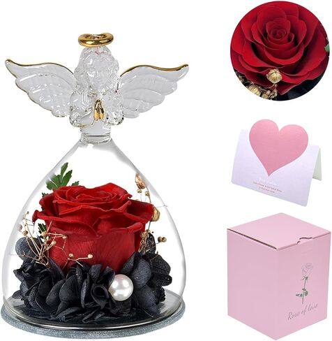 Preserved Rose Flower in Glass Angel Figurines with LED Light, Light Wife and Girlfriend on Christmas Valentines Day Mothers Day Anniversary Birthday Gifts for Her Red Rose in Saudi Arabia