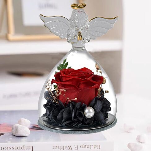 Preserved Rose Flower in Glass Angel Figurines with LED Light, Light Wife and Girlfriend on Christmas Valentines Day Mothers Day Anniversary Birthday Gifts for Her Red Rose in Saudi Arabia