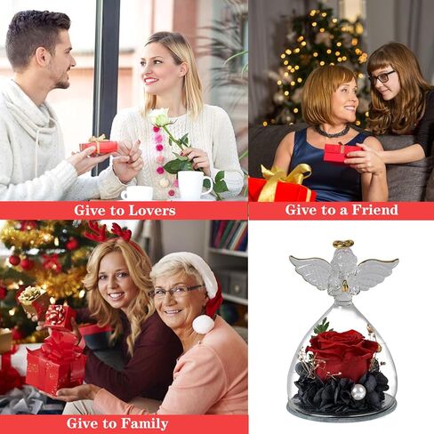 Preserved Rose Flower in Glass Angel Figurines with LED Light, Light Wife and Girlfriend on Christmas Valentines Day Mothers Day Anniversary Birthday Gifts for Her Red Rose in Saudi Arabia