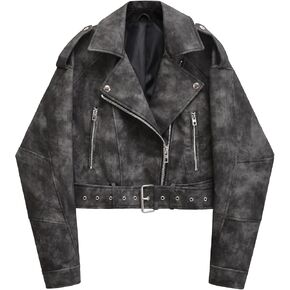 LY VAREY LIN Women Faux Leather Cropped Jacket Casual Bomber Biker Short Coat with Belt(Camo,L)