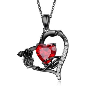 925 Sterling Silver Ruby Heart Skeleton Hand Pendant Necklace Gothic Rose Jewelry Hallween Gifts for Women
