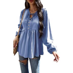 Women's Casual Tops Peplum Blouse Tie V Neck Long Sleeve Babydoll Loose Shirts Blouses Tops