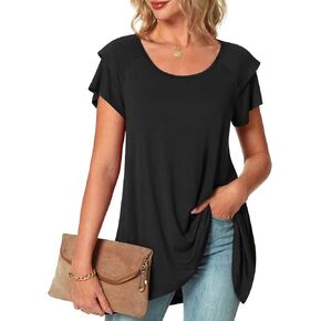 POPYOUNG Women's Summer Ruffle Short Sleeve T-Shirt Casual Crewneck Tunic Tops for Leggings Loose Blouse