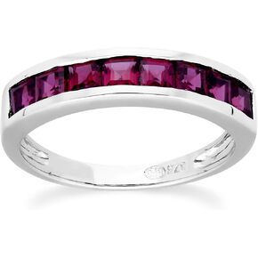 White Gold 9K Eight Square Rhodolite Garnet Half Eternity Anniversary Ring Contemporary Design for Women January Birthstone Promise Band