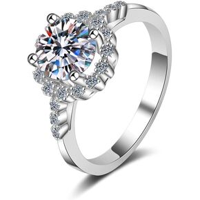 Halo Moissanite Engagement Ring, Wedding Band for Women, 1 Carat D Color VVS1 Round Brilliant Cut, S925 Sterling Silver with White Gold Plated for Women, Anniversary and Bridal Gift Ring Size 5-9