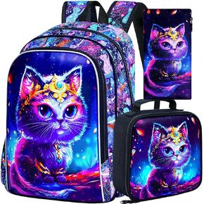 3PCS Cat Backpack for Girls, 16'' Kids Preschool Bookbag with Lunch Box, Cute Water Resistant School Bag Set for Elementary Kindergarten Toddler