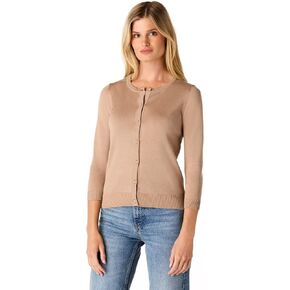 Cable & Gauge Women's Lady Button Front Cardigan Lightweight Button-Up Sweater, Crew Neck, 3/4 Sleeve, Versatile Layering Top