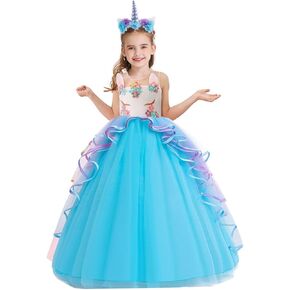 Girls Unicorn Costume Pageant Princess Birthday Christmas Party Long Maxi Tulle Halloween Fancy Dress w/Headband