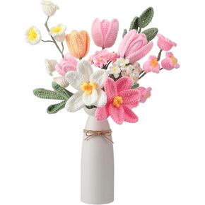 11 Pcs Crochet Flower Bouquet Handmade Knitted Tulip Flowers Bouquet Artificial Flowers Fake Tulips for Valentine's Day Teacher's Day Gift