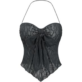 SHENHE Women's Floral Lace Halter Top Backless Tie Front Bow Top Asymmetrical Crop Top