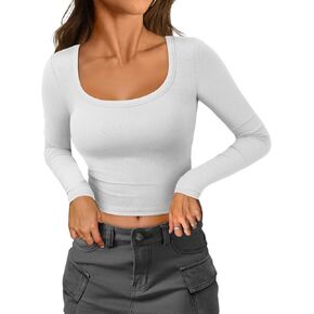 ATHMILE Women's Scoop Neck Long Sleeve Ribbed Slim Fitted Casual Basic Crop Top B-White