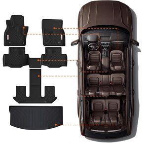 Tesson Floor Mats Accessories 3 Row Liners Set &Cargo Liners Custom Fit for 8 Seats 2024 2025 Mazda CX-90&CX90 PHEV with 2nd Row Bench Seats,All Weather Guard TPE Car Mats & Rear Trunk Mats