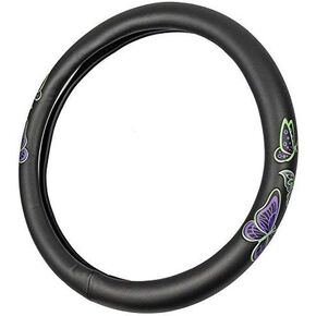 قبضة مريحة من BDK GripGrab - فراشات أرجوانية وخضراء على غطاء عجلة القيادة من الجلد الصناعي الأسود مقاس 15 بوصة in Kuwait