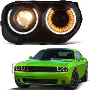 Headlights Assembly Compatible With Dodge Challenger 2015-2021 Black Housing Halogen Head Lights Replaceable (Left Driver Side) 68174065AF CH2502267