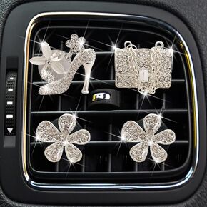 Bling High Heel Shoe and Bag Air Vent Clips, 4 Pcs Crystal Daisy Car Air Fresheners Vent Clips Car Diffuser Vent Clip Rhinestone Diamond Car Decoration Car Interior Decor Bling Car Accessories for Women
