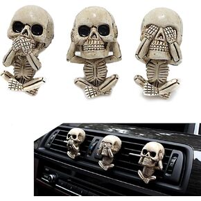 3 PCS Car Skull Doll Pendant, Creative Air Outlet Decoration, Cute Skull Dress Up Air Outlet Clip, Universal for Most Cars (White)