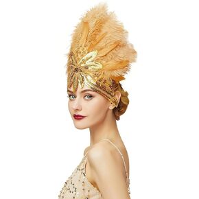 BABEYOND Carnival Feather Headpiece Showgirl Headband Women's Feather Pageant Headband 1920s Flapper Headband (Gold)