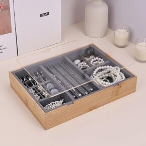 Jewelry Box With Acrylic Lid, Bamboo Silicone Jewelry Organizers And Storage, Waterproof Jewelry Holder For Rings Earrings Necklaces Organizer White