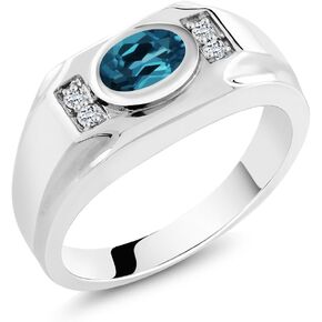 Gem Stone King Men's 925 Sterling Silver London Blue Topaz and White Topaz Ring (1.46 Cttw, Gemstone November Birthstone, Oval 8X6MM, Available In Size 7, 8, 9, 10, 11, 12, 13)