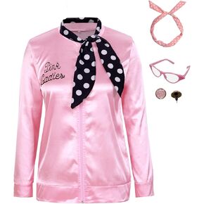 1950s Women Lady Girls Pink Satin Jacket Halloween Cosplay Costume Coat with Neck Scarf