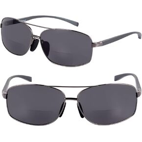 2 Pair of 'The Navigator' Lightweight Rectangular Aviator Metal Frame Bifocal Sunglasses