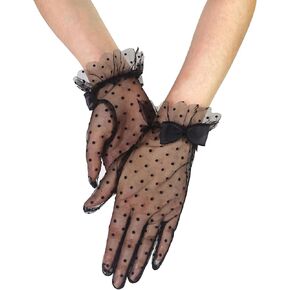 Women's Lace Tea Party Gloves Bow Tulle Short Gloves Costumes Evening Party Gloves with Dot