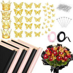 Tetutor 366 pcs Flower Bouquet Wrapping Paper,Waterproof Flower Wrapping Paper Sheets, Floral Wrapping Paper Bouquet With Ribbons Flower Pins 3D Butterflies and Crowns for Florist Wrap