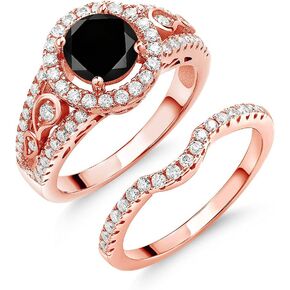 Gem Stone King 18K Rose Gold Plated Silver Wedding Engagement Ring For Women Band Bridal Set Round Black Diamond and Moissanite | 1.84 Cttw | Available In Size 5, 6, 7, 8, 9