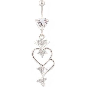 Belly Button Rings for Women Stainless Steel Crystal Hearts Dangle Long Belly Rings Body Piercing Jewelry Navel Rings 14G