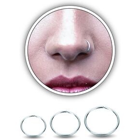3pk Nose Rings Hoops Silver, Thin Surgical Steel Nose Septum Ring Earring lip Piercing Jewelry, 20g 6mm 8mm 10mm