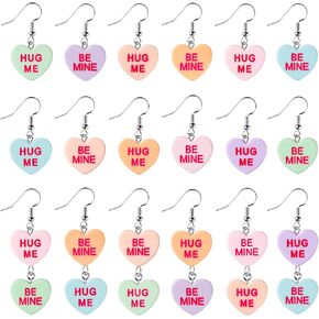 18Pcs Valentine’s day Conversation Heart Candy Earrings Hug Me Be Mine Resin Heart Pendant Earrings with Hypoallergenic Stainless Steel Hooks Jewelry Accessories Valentine Gift for Women